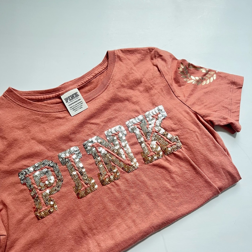 🩷VICTORIA SECRET PINK SPARKLE BLING PINK SHORT SLEEVE TEE SHIRT TOP SIZE XS - Picture 12 of 14